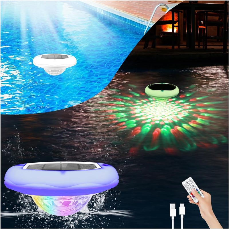 BOXPSII Floating Pool Lights, Solar and USB Rechargeable Pool Lights That Float with Remote, 2600mAh 6.7'' IP68 Waterproof 13 Colors Upper and Lower Glow Hot Tub Light Hangable Solar Light for Garden1 PACK - Image 1